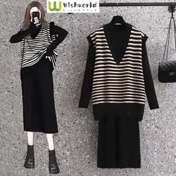 Conjunto de primavera y otoño para mujer, camiseta sin mangas a rayas a la moda coreana, vestido informal reductor de edad, conjunto de dos piezas 2023