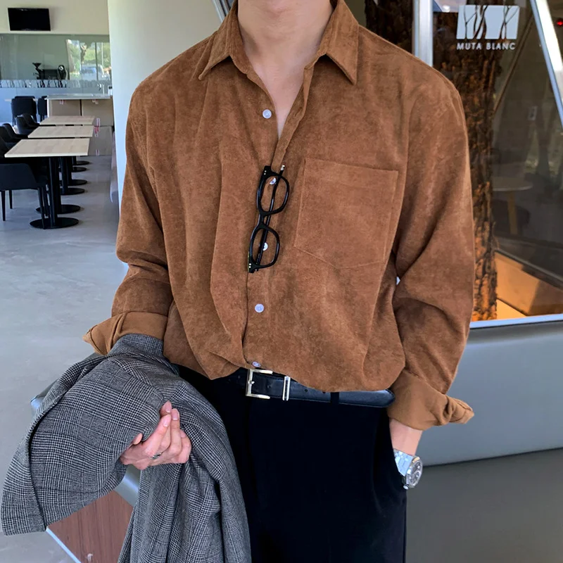 Mens Spring Autumn New Japanese Style Corduroy Retro Long Sleeve Shirt Korean Trendy Fashion Versatile Loose Outerwear Premium