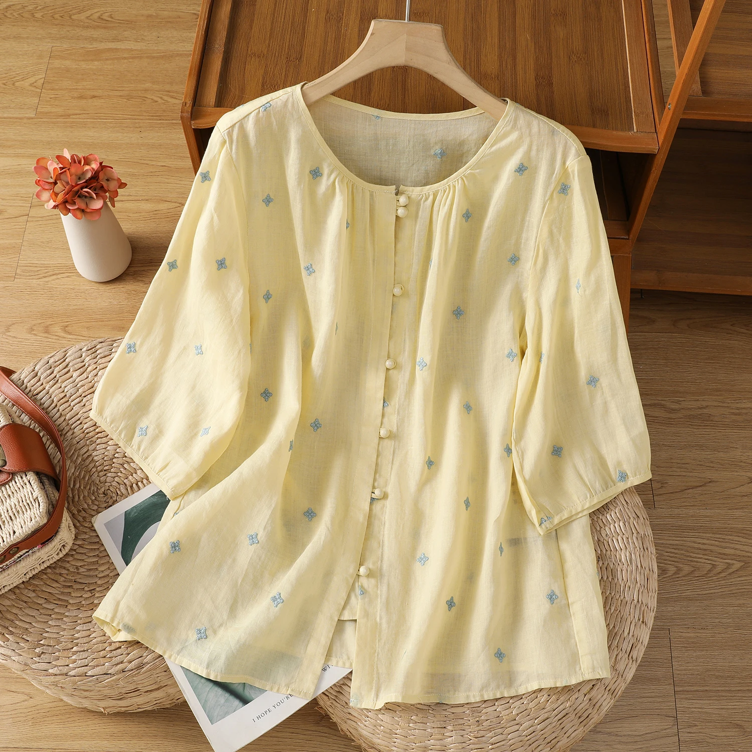 여름 신상 면 린넨 반팔 프린트 셔츠 여성 라운드 넥 오픈 가디건 얇은 다용도 티셔츠 스트레이트 컷 타입