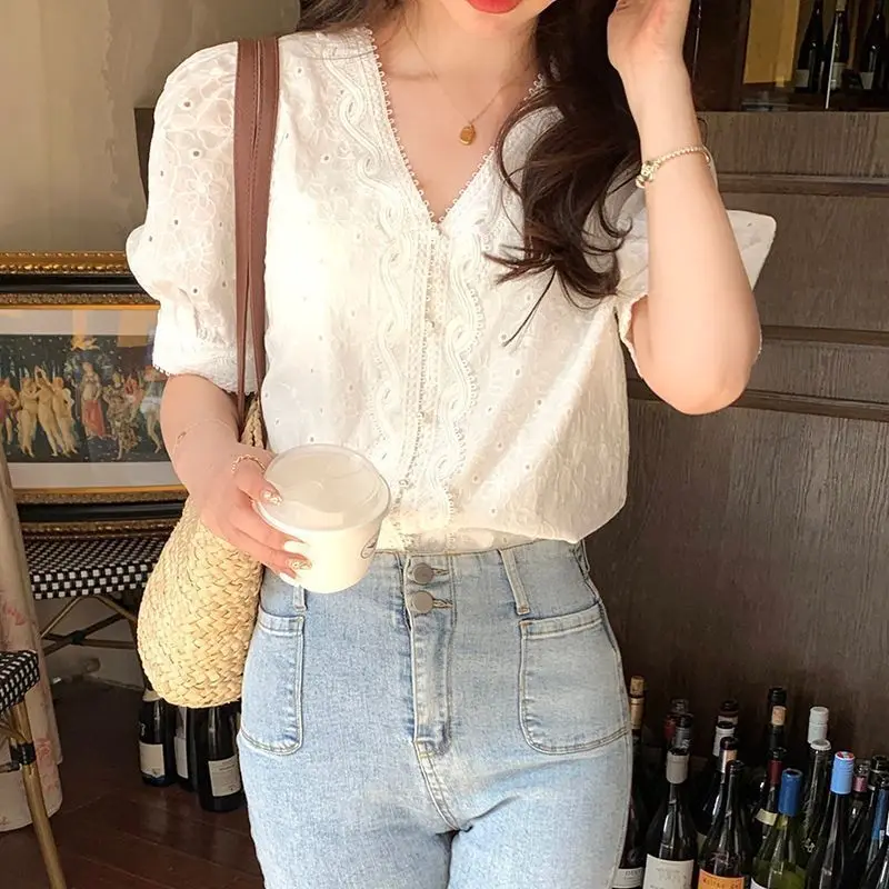 Short Sleeve Shirts Women Jacquard Balloon Sleeve Pintuck Tunic Korean Gentle Artistic Preppy Urban Student Youthful Mild Design