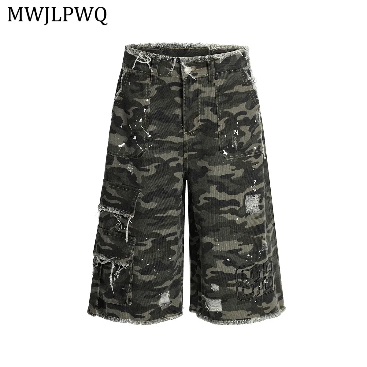 

MWJLPWQ Camouflage Ripped Washed Denim Shorrts High Street Men RO Style Pocket Trendy Loose Casual Cargo Pants 2025 Trendy 20954