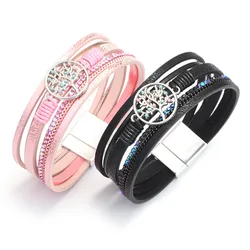 Kirykle Tree of Life Bracelet for Man Women 4 Color Multi-layer Leather Bracelet Alloy Magnetic Buckle Woven Hand Ornaments