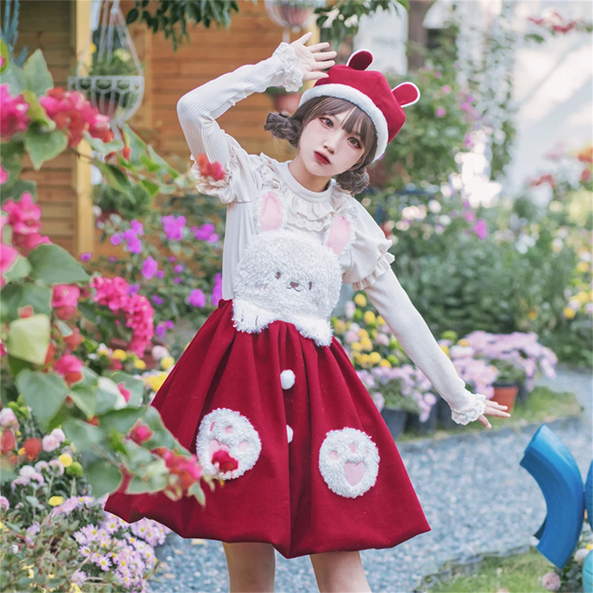 Kawaii – robe Lolita Jsk Cosplay pour filles, douce, en peluche, patte de lapin imprimée, poche, queue de boule, à volants, pour nouvel an