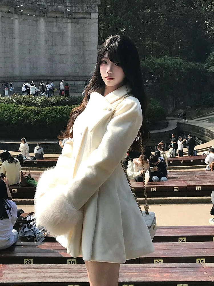 Płaszcz wełniany damski, modny, wyszczuplający talię, styl koreański, do pracy, z włókna poliestrowego, nowość na zimę.