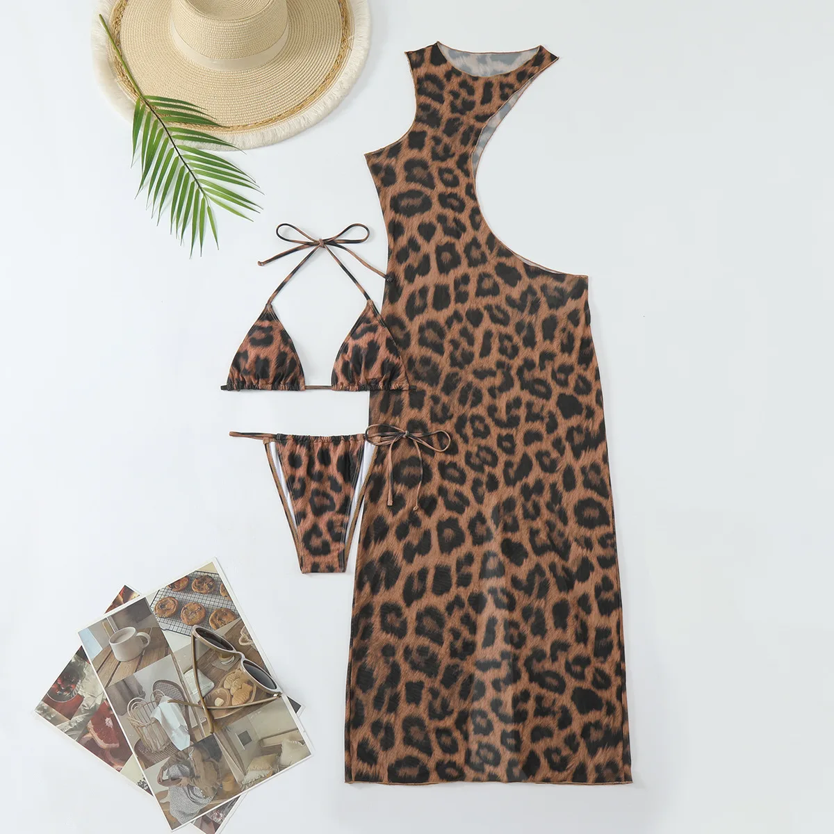 XS - L Halter Leopard With Cover Up Bikini 2024 Women Swimwear Female Swimsuit Three-pieces Bikini set Bather Bathing Suit Swim