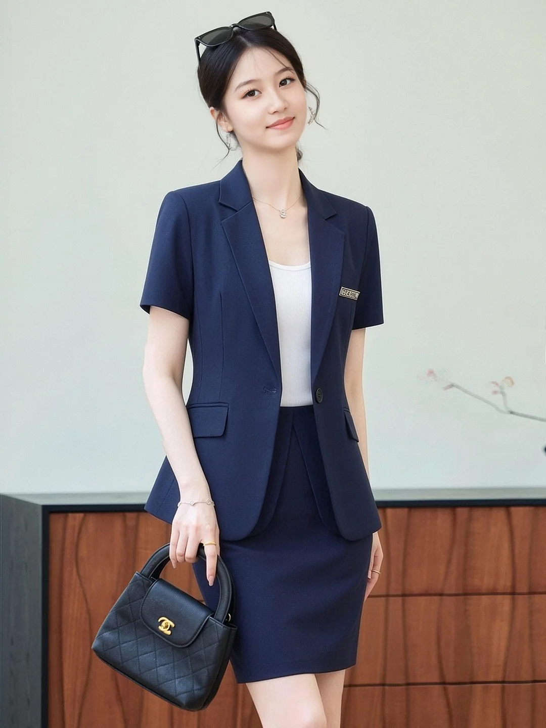 

Deep Blue Short Sleeve Suit Set Women's Summer Thin High-End Interview Formal Workwear Professional Outfit Jacket