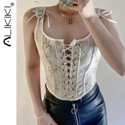 Kwiatowy sznurowany gorset Top renesansowy gorset gorset krótki top gorset w stylu vintage koronkowe zbiorniki Camisole kostium Fairycore