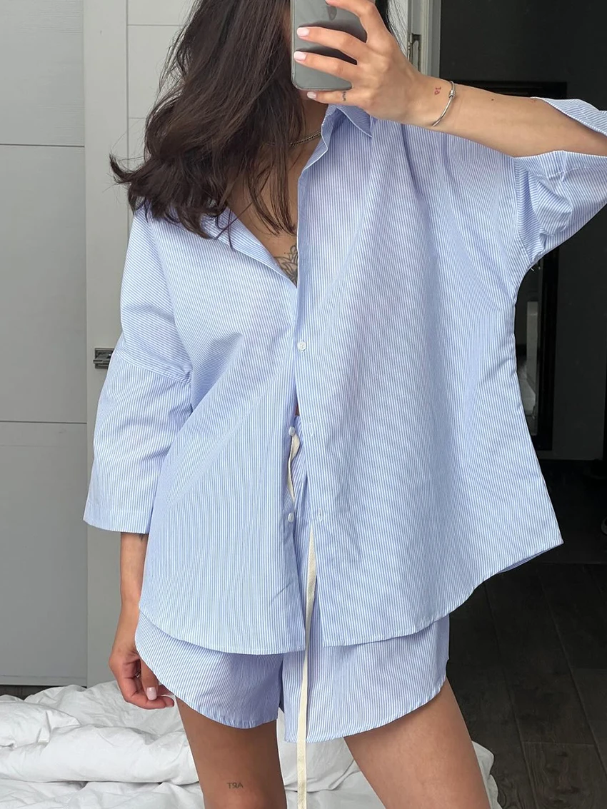 

Marthaqiqi Summer Loose Women Nightwear Set Turn-Down Collar Pajama Three Quarter Sleeve Sleepwear Shorts Casual Nightgowns Suit