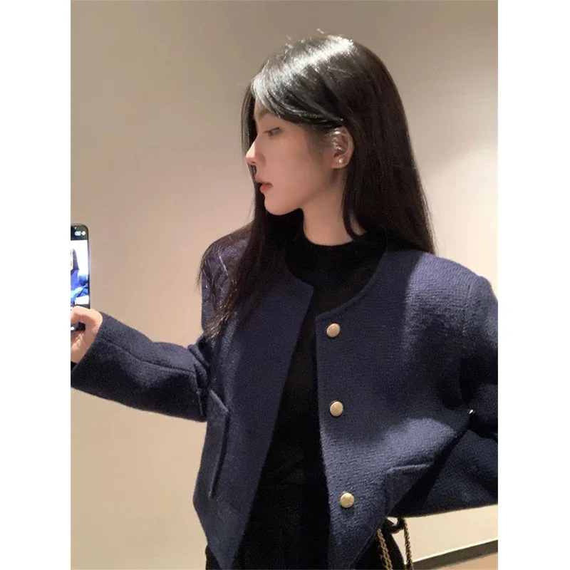 Vintage Cropped Tweed Jackets Women Elegant Quilted Suit Coat Korean Single Breasted Blazer Winter Ladies Thick Short Outerwear