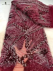 Wine Red African Heavy Beaded Lace Fabric 2024 High Quality 5 Yards Nigerian Sequins Groom Lace Material For Wedding Party Dress