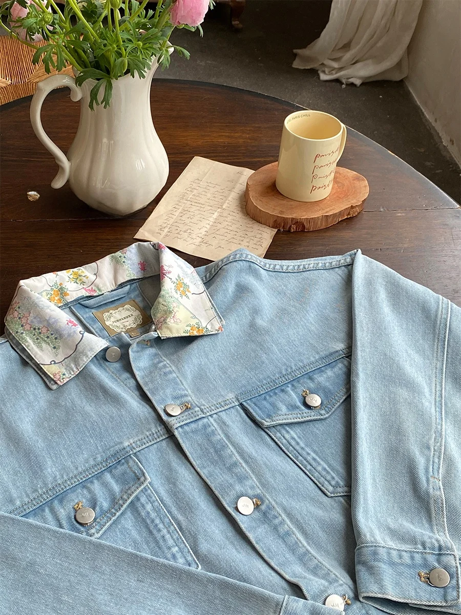 

Jmwomen винтажный синий джинсовый джинсовый воротник с цветочным принтом, свободный корейский топ на весну и осень, новый топ с воротником, женская модная верхняя одежда