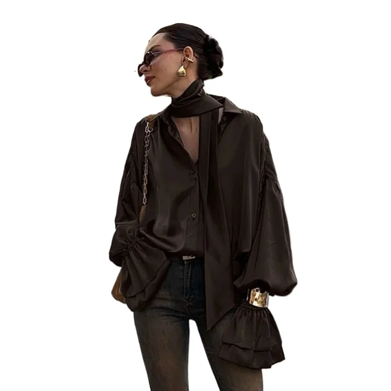 

Весенняя женская элегантная рубашка 2026 с отложным воротником и длинным рукавом, повседневная классическая блузка, модная свободная коричневая атласная рубашка, женская одежда