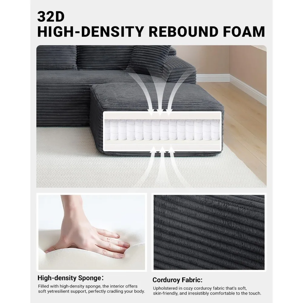 Divano componibile Cloud da 95 pollici, divano componibile modulare con sedile profondo, divani moderni disossati in velluto a coste con chaise longue a forma di L