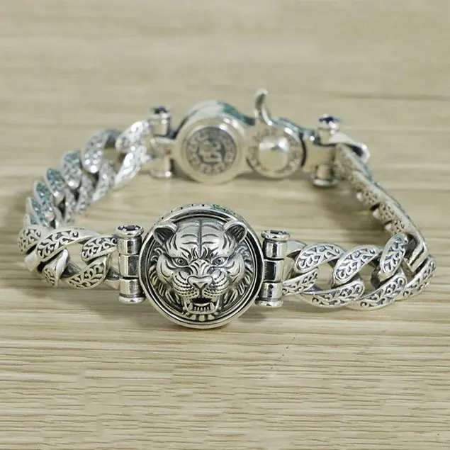 

S925 sterling silver retro rotating tiger head bracelet thick men's personality trendy tiger year zodiac silver jewelry as a gif