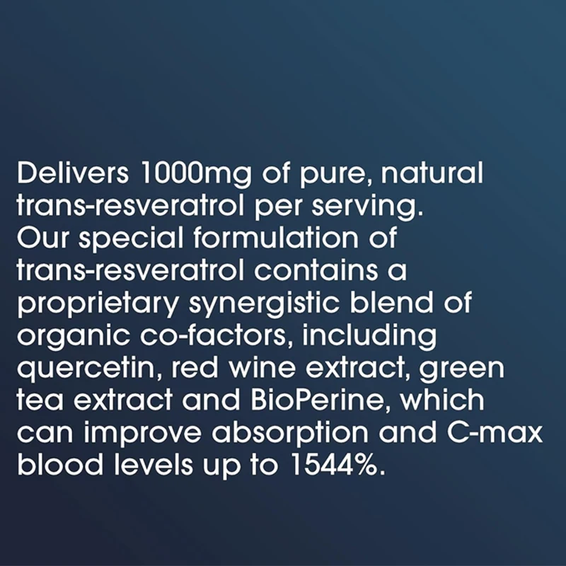 1000 milligrams of trans resveratrol. 99.5% purity, 15 times better absorption of polyphenol complexes