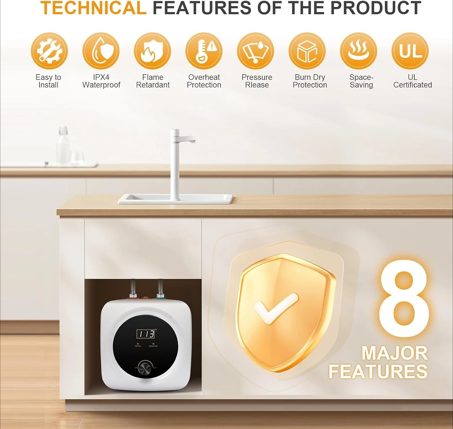 Mini Tank Water Heater Electric 2.5 Gallon Under Sink Instant Hot Water Heater T&P Valve,3-Way Diverter,110V 120V Point