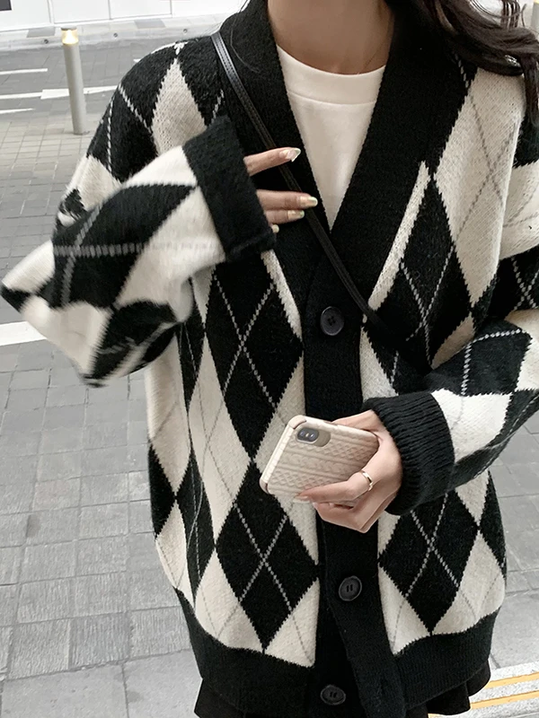 Retro Japanse Sle losse lange diamantpatroon verdikte open vest dames herfst nieuwe trui Jaet bovenkleding