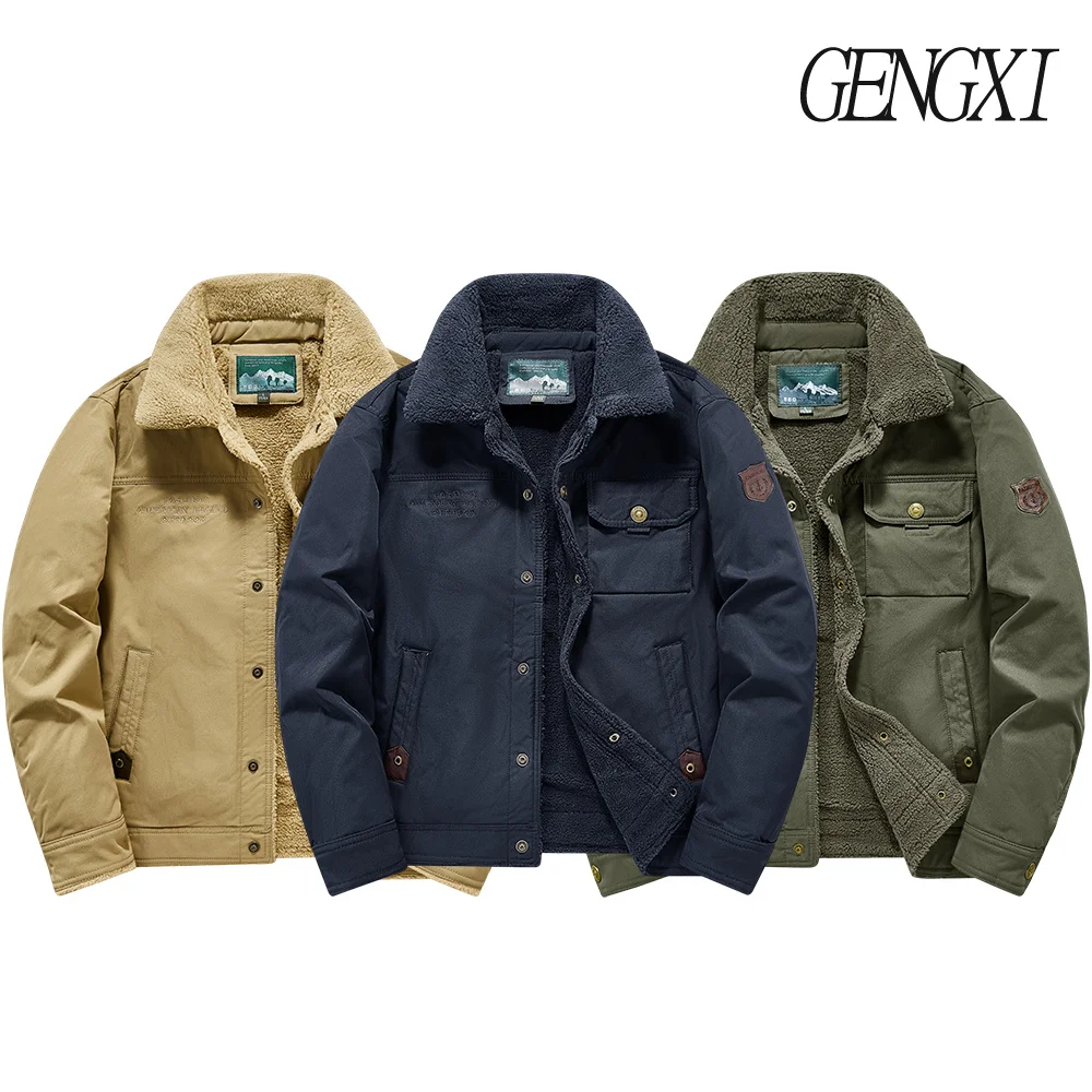 Kedatangan Baru Musim Gugur/Dingin: Jaket Kerja Bordir Huruf Multi-Saku Berlapis Fleece Tebal dengan Kerah Berkerah Tunggal