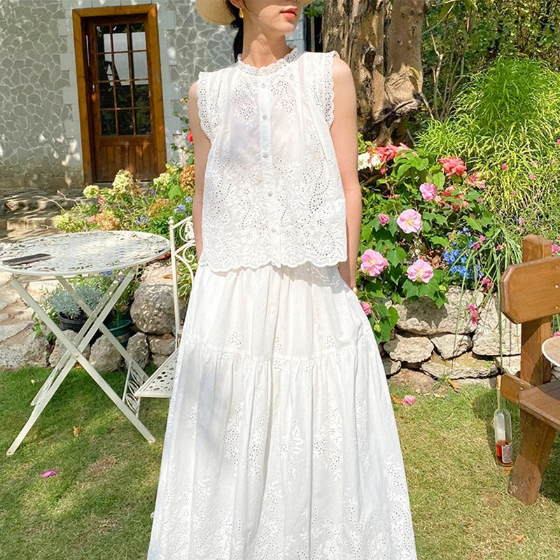 

Verlena Designer Women's Sets Pearl Button Blouse & Calf Length Skirt Eyelet Embroidery with Floral Motifs French Elegant Summer