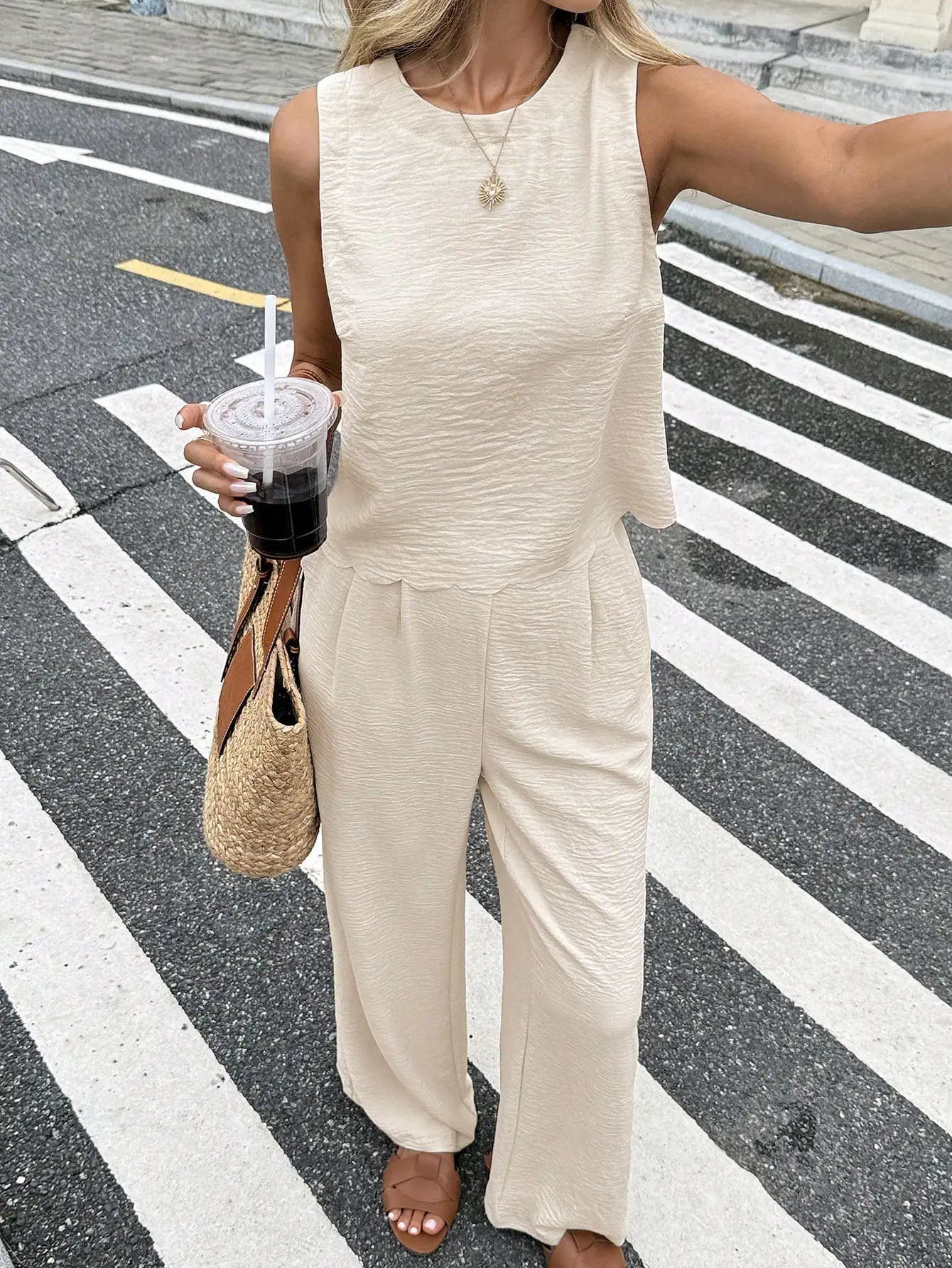 

Women Summer Sleeveless Top And Wide Leg Pants Two Piece Set Casual Linen Look