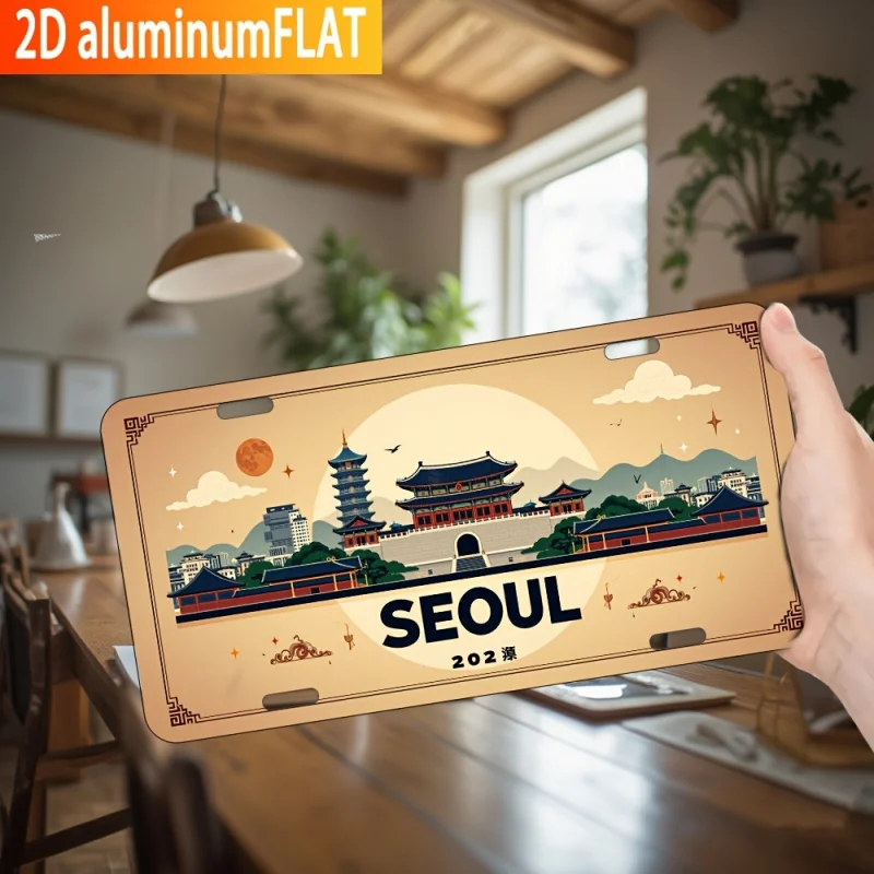 لافتة ألومنيوم معدنية صناعية عتيقة - لوحة فنية جدارية مسطحة عالية الدقة ثنائية الأبعاد مع معالم سيول وأنماط كورية تقليدية #6