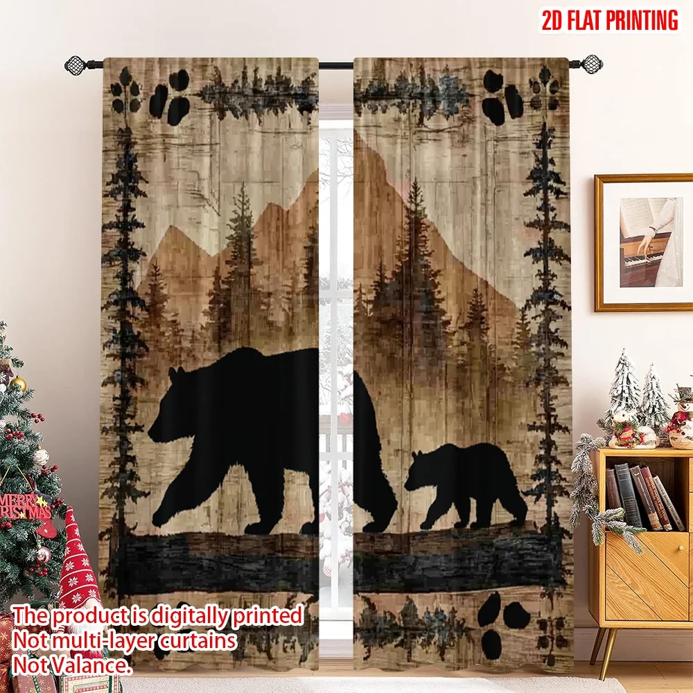 

2pcs 2D flat printing Merry Christmas Party Curtains Bear Hill Farm Native Black Palm Digital Printed Polyester Drapes Family