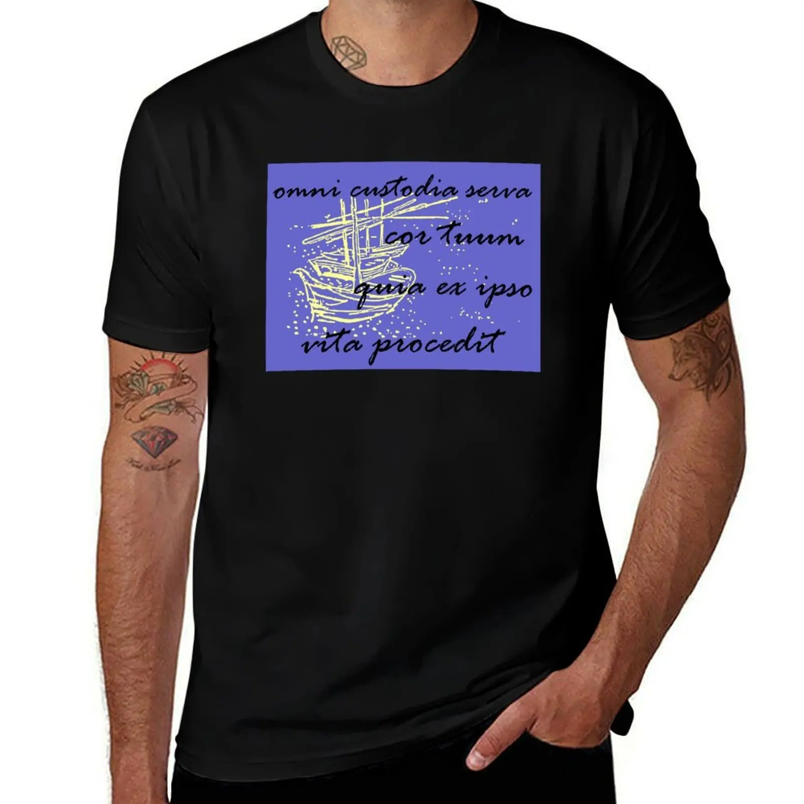 

Proverbs 4:23 in Latin, Yellow Boats, Blue-Violet Background T-Shirt tshirts personalised t shirts men