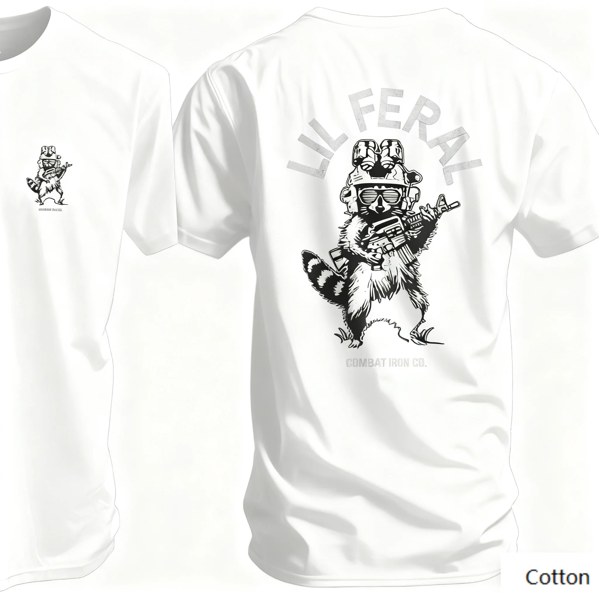 تي شيرت قطني برقبة دائرية "الراحة العسكرية": مع عين - طباعة اصطياد الراكون التكتيكي والعبارة "LIL FERAL"