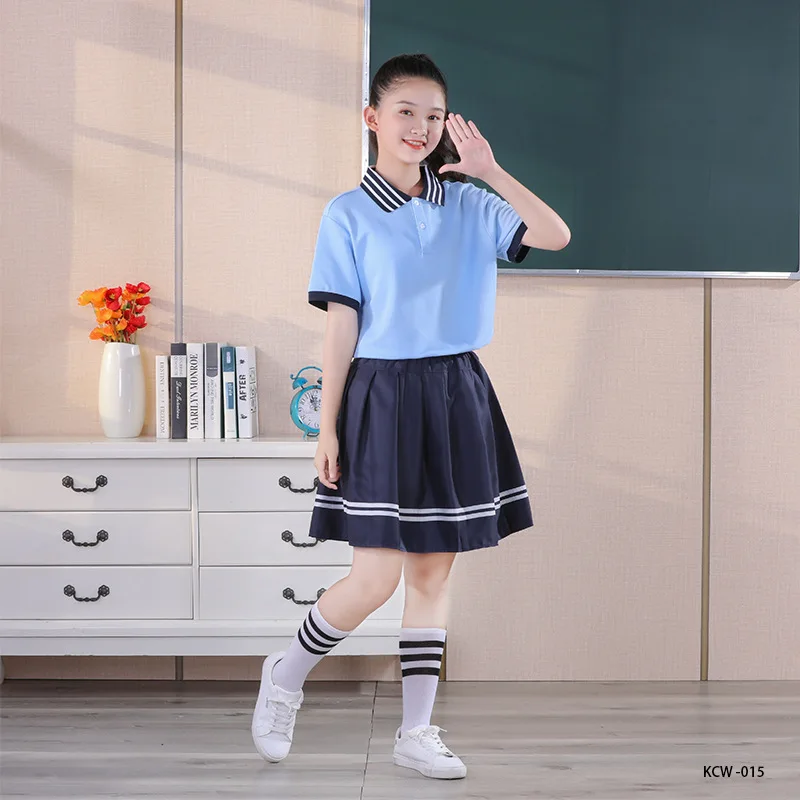 Uniforme escolar britânico para meninos e meninas, camisa polo infantil de manga curta, terno de classe verão