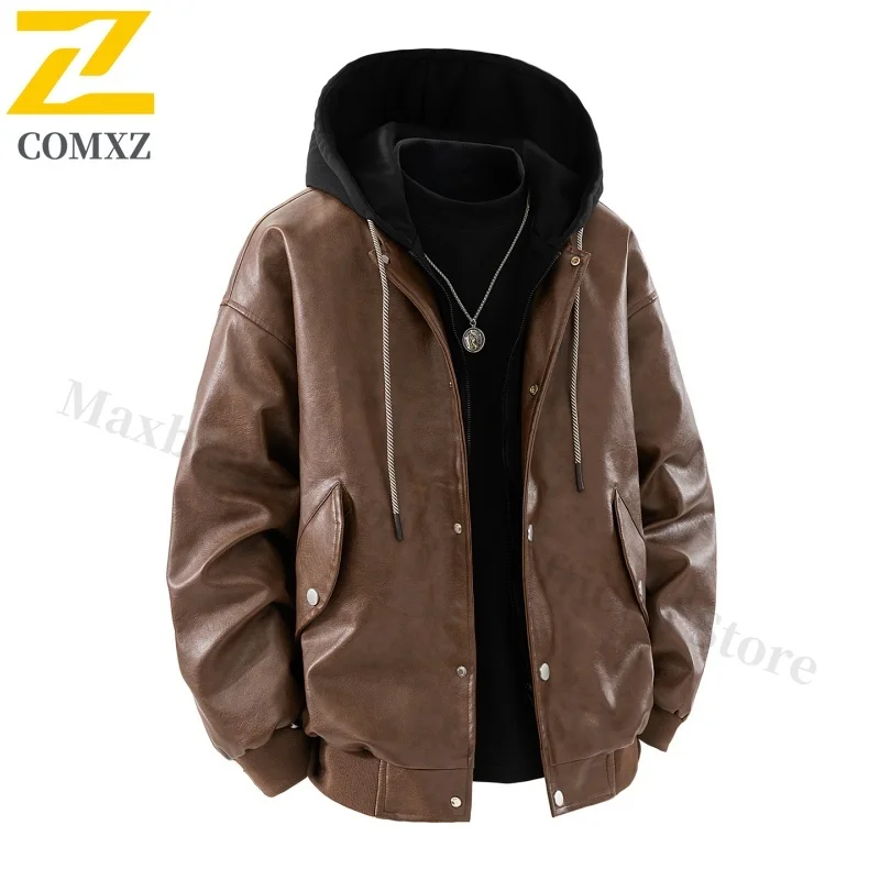 

Мужская повседневная куртка 2025, новая тенденция, универсальная ветрозащитная дышащая искусственная кожаная куртка с капюшоном из двух частей, уличная дорожная летная куртка
