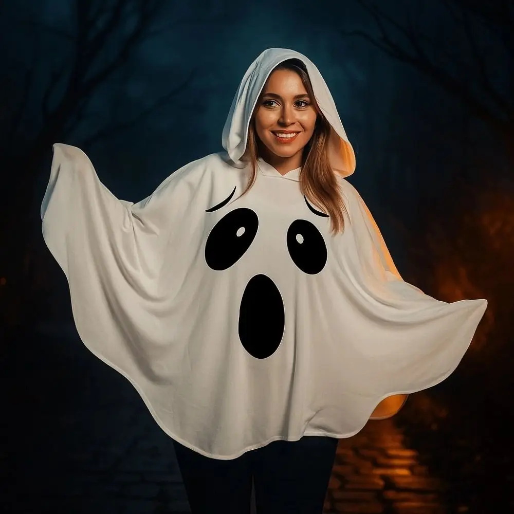 

Белый плащ на Хэллоуин, накидка с черными глазами, одежда с тыквой, халат, стильное нарядное платье, костюм призрака для косплея, женский костюм