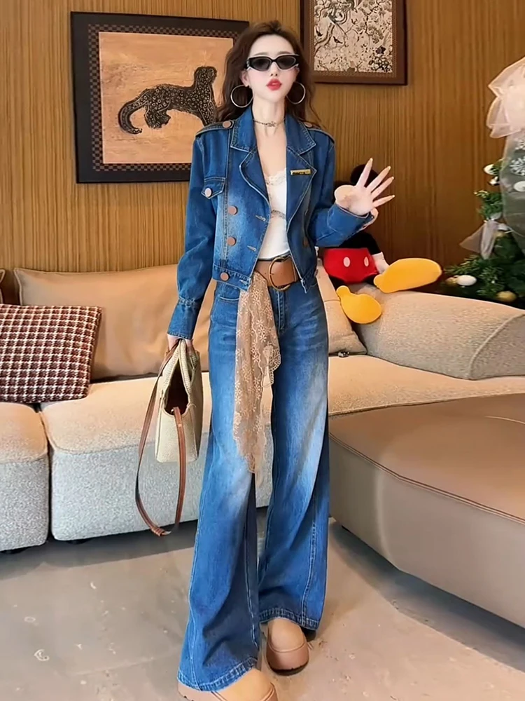 Costume en denim décontracté pour femmes, nouveau style, veste slim et courte à double boutonnage + pantalon à jambes larges, ensemble deux pièces, printemps