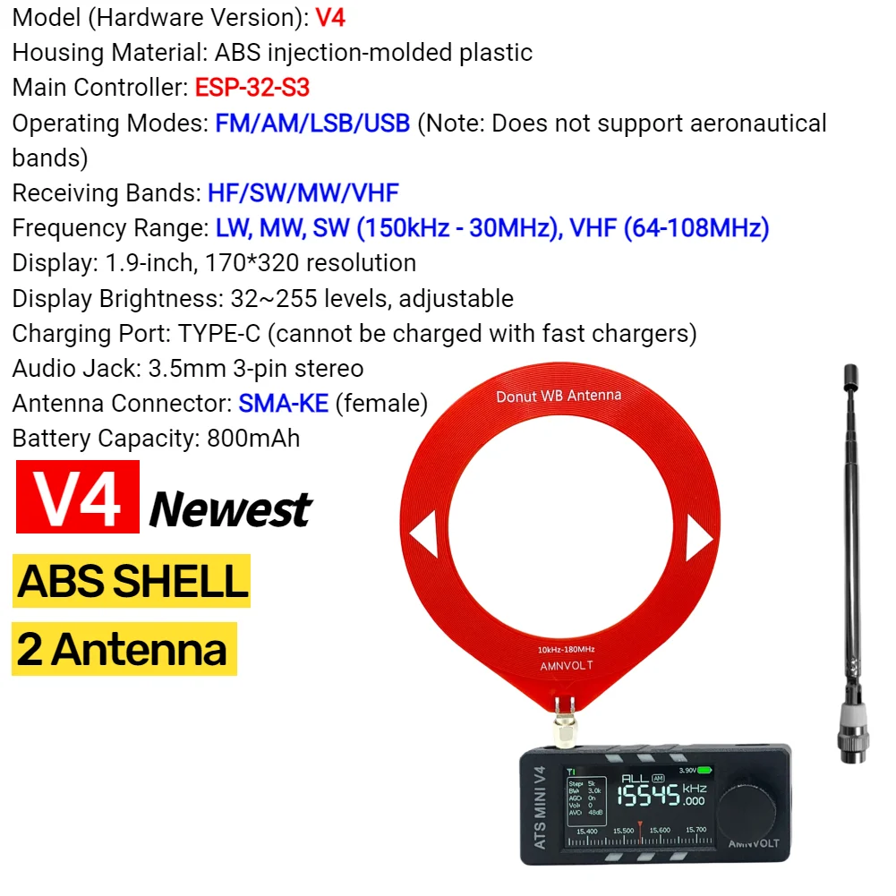 AMNVOLT V4/V3S ATS MINI SI4732 Radio ALL Band DSP Radio FM AM SSB LSB USB-ontvanger, ingebouwd Hi-Z hoofdtelefoonversterkercircuit