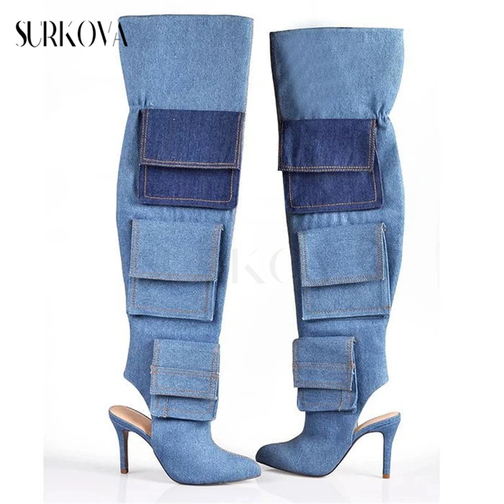 

Denim Color-Block Sexy Over-The-Knee Boots Point Toe Slingback Stiletto Catwalk Stage Boots Fashion Pocket High-Top Women Shoes