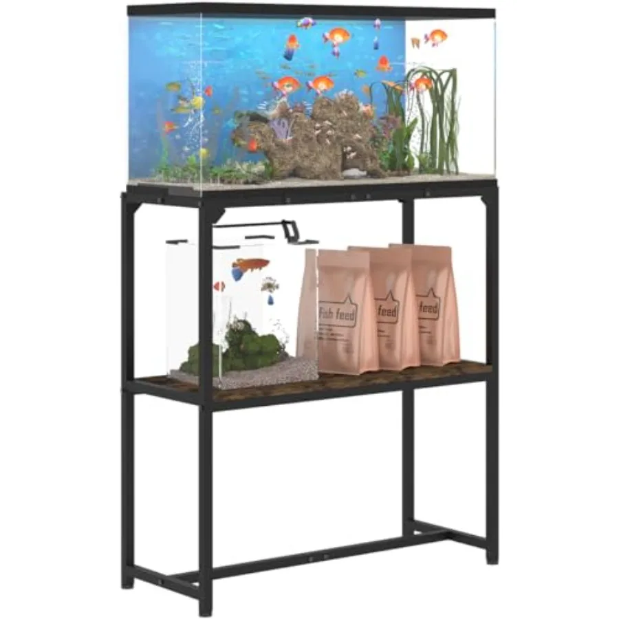 

30 Gallon Fish Tank Stand for home office use, black metal, upgraded height with 2-tier storage shelf, durable reptile breeder