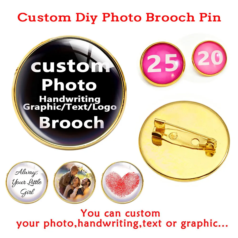Personalized Gold Brooches Custom Photo Text Logo Glass Cabochon Men Women Zinc Alloy Backpack Lapel Button Badges Brooch Pin