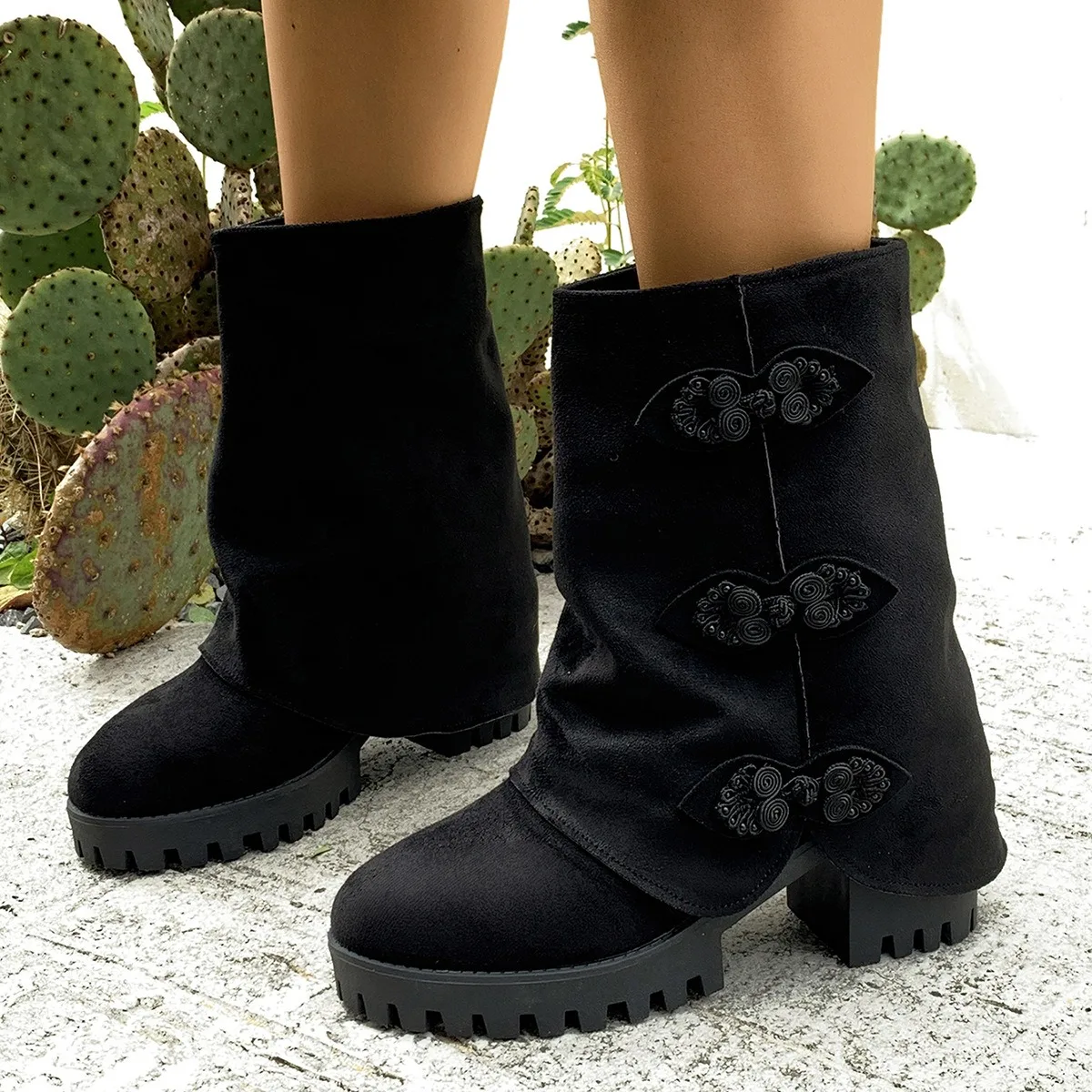 

Autumn High-heeled Boots Women's Fashion Platform Thick Heels Black Flannel Ankle Boots Ethnic Decorative Buckle Slip-on Booties
