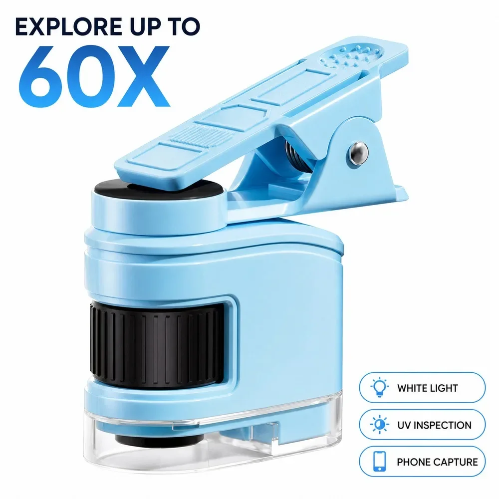 Kids Handheld Mini Microscope 60X With Smartphone Holder, Dual Light, Focus Wheel For Leaf Insect Outdoor Exploration 06