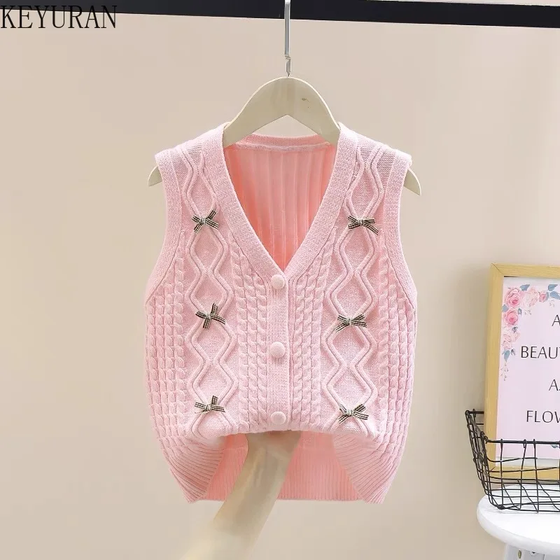 French Sweet Bow Knitted Cardigan Vest Women\'s 2024 Autumn Vintage Slim Fit V-neck Sleeveless Sweater Vest Crop Tops Y2k Clothes