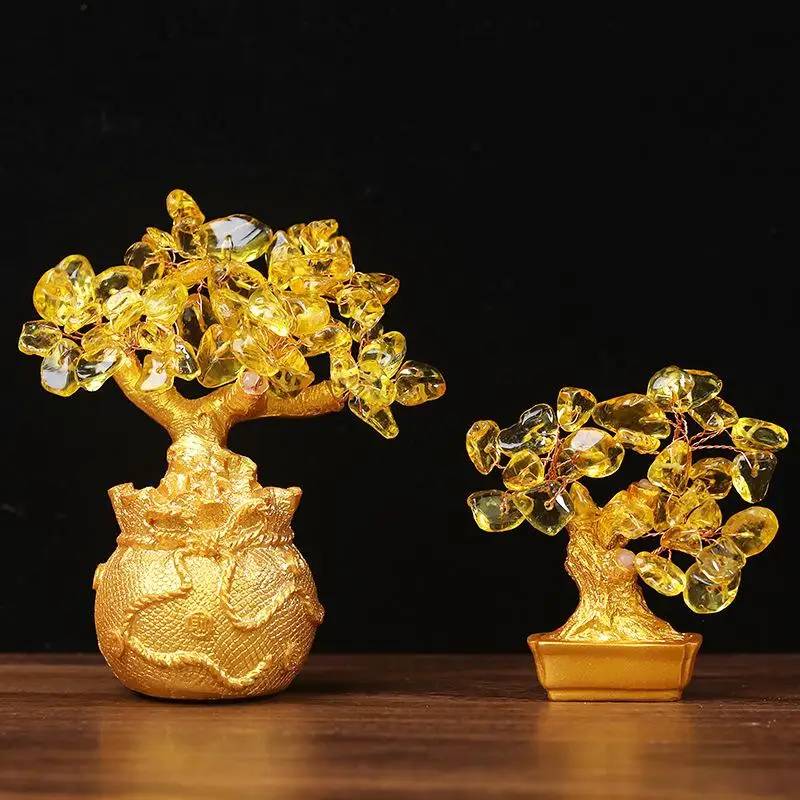 Feng Shui Art Decoration Tabletop Lucky Wealth Tree 19cm 14cm Delicate Yellow Crystal Money Tree Ornament Home Office Shop