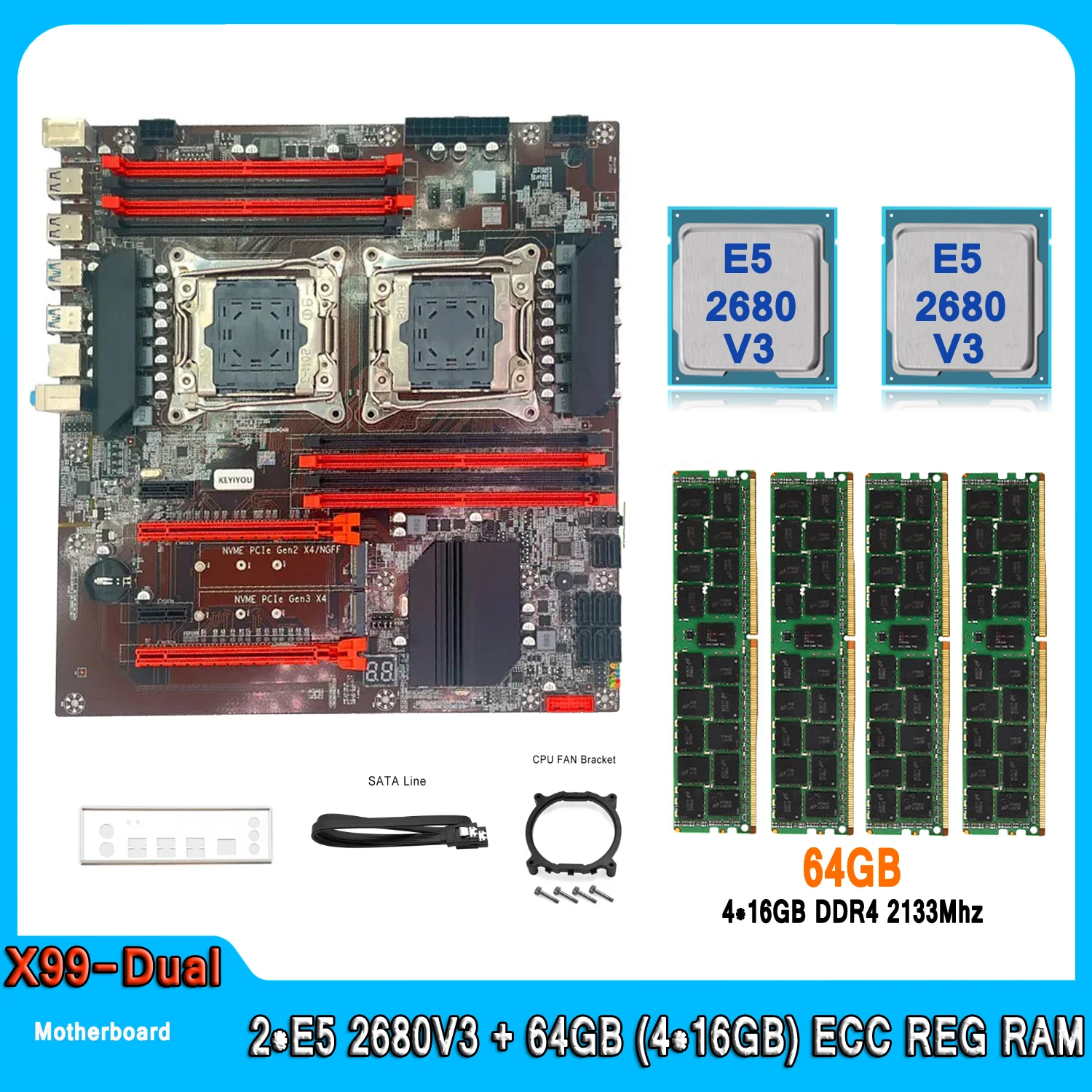 

X99 Dual Motherboard with Xeon E5 2680 V3 Processor Dual CPU LGA 2011 Set 64GB(4*16GB) DDR4 2133MHZ ECC REG Memory Motherboard