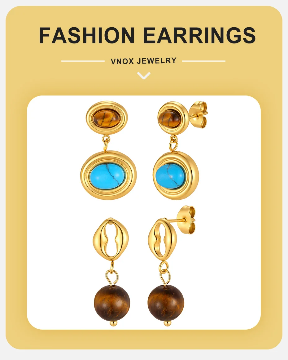 Vnox Trendige Naturstein-Ohrhänger für Damen, vergoldeter Edelstahl, ovale Ohrringe mit natürlichem Türkis, Boho-Schmuck – Detail 1