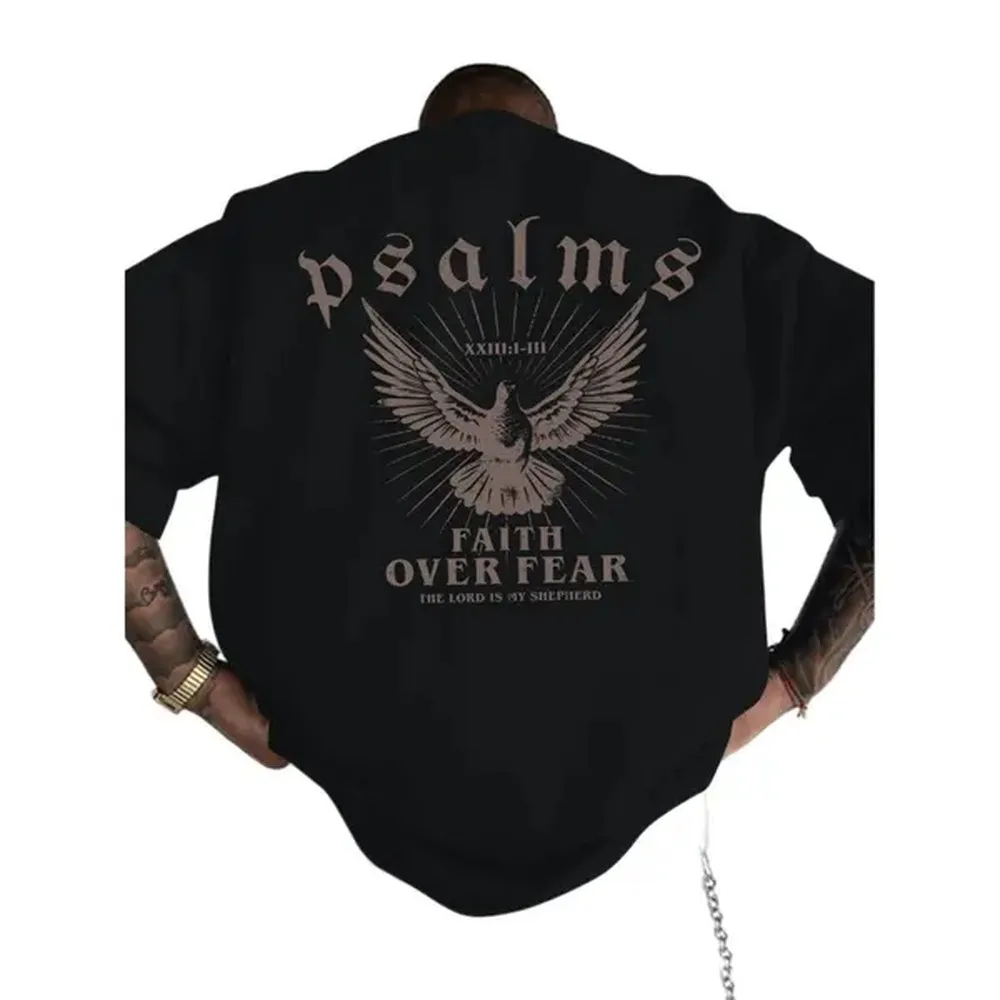 Faith Over Fear T-Shirt With Psalm 93 4 Design Loose Fit Crew Neck Short Sleeve For Men Casual Wear Sports Fan Gift In Glossy Black..
