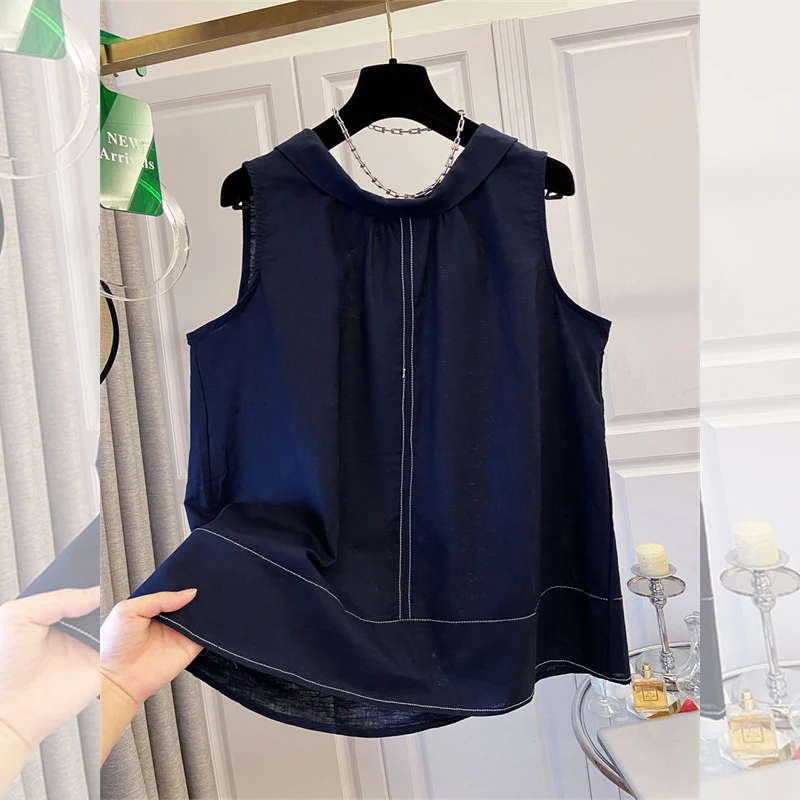 

Plus Size Women's Sleeveless Shirts 2025 New Summer Cotton Linen Vest Lady Blouse A-Line Korean Style Female Tops Clothes KE8137