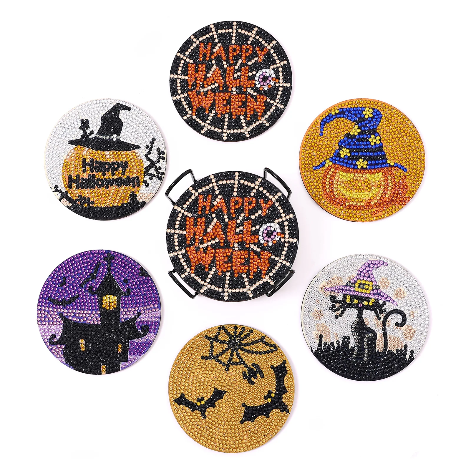 

6 Pieces Halloween Handmade DIY Round Wooden Point Drill Insulated Anti Slip Coaster with Bracket