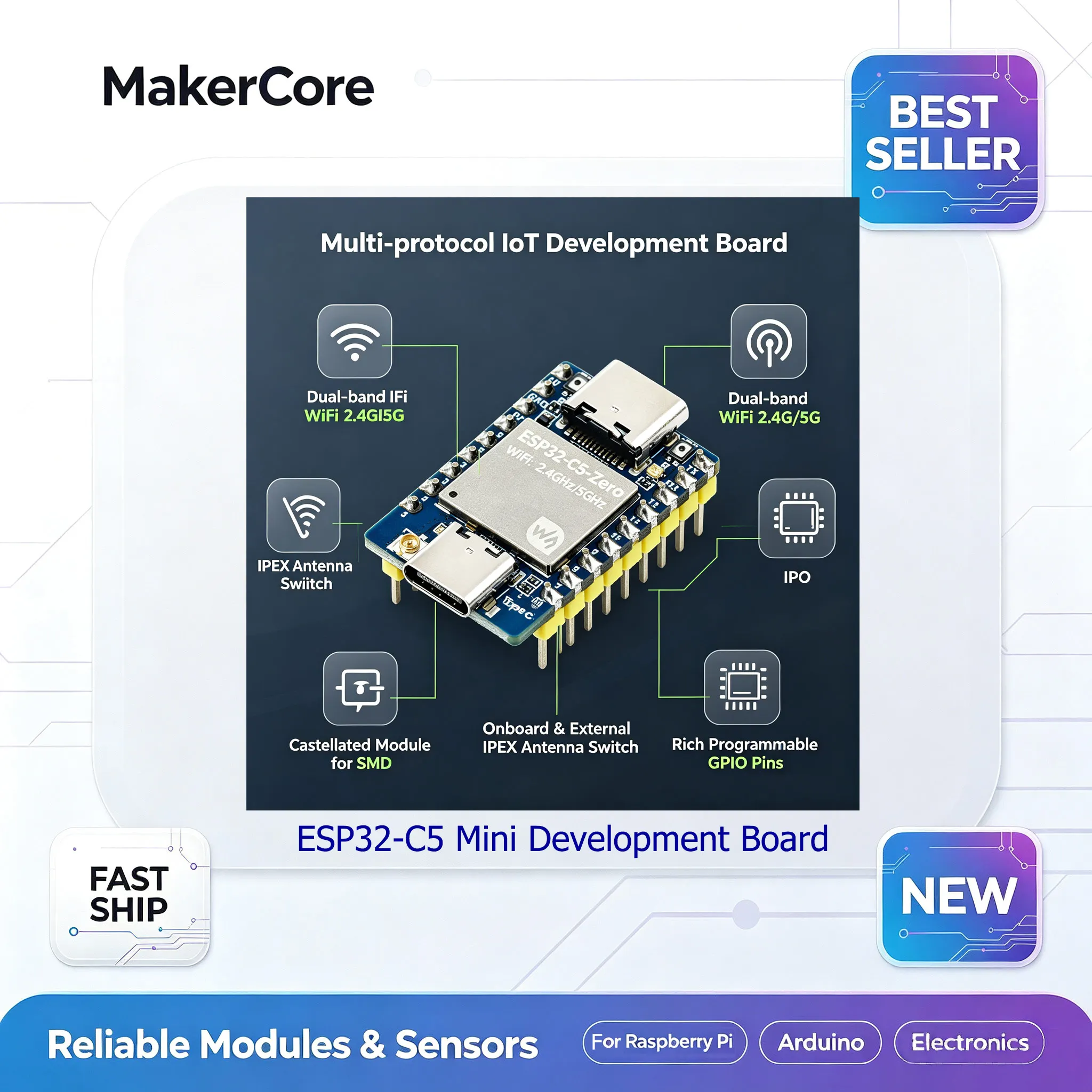 Waveshare ESP32-C5-Zero-M Mini WiFi 6 Dev Board Pre-soldered RISC-V 240MHz Dual-Band Zigbee Thread SMD Castellated Module IoT