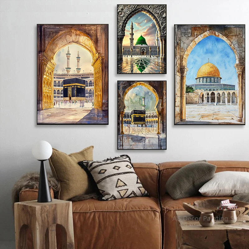 

Al-Aqsa Mosque Kaaba Islamic Canvas Poster Watercolors Decorative Painting Modern Pictures Living Room Home Decor Cuadros