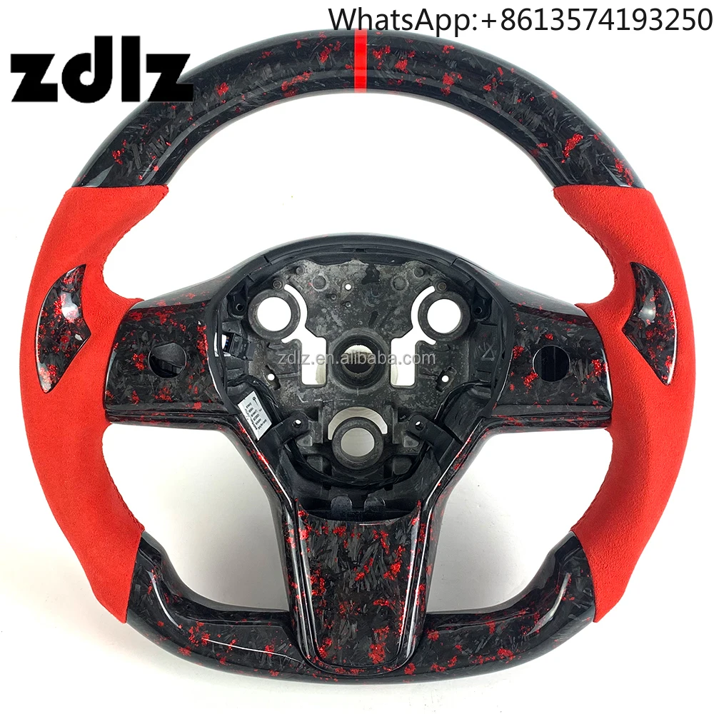 

For Customized Red Powder Forged Carbon Fiber Steering Wheel for Tesla Model 3 Model Y 2017 2019 2021 2022
