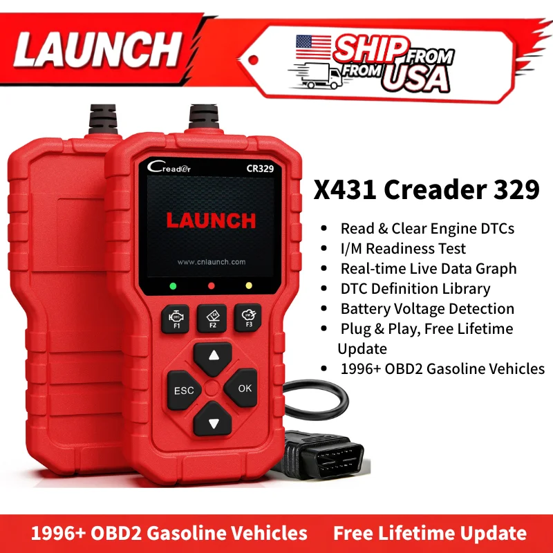 LAUNCH X431 Creader 329 OBD2 Scanner Car Diagnostic Tools Engine Check OBD2 Scanner with Battery Test Live Data I/M Readiness O2 Sensor