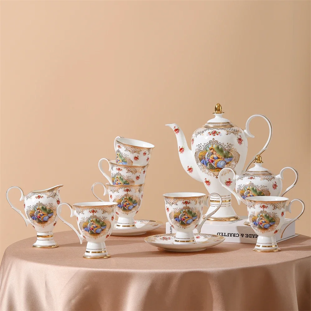 JIABAIEN 15pcs Tea Set Classical Decal Cup Saucer Sugar Pot Milk JugTea Pot Royal Style Bone China Coffee & Tea Set